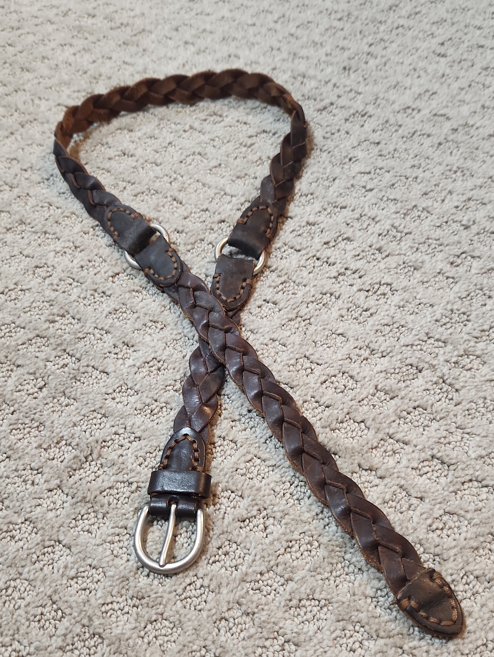 Braided Brown Leather Belt With Silver Tone Buckle & Harness Style Rings Large